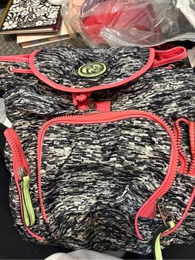 Women’s Black & White Pattern Backpack with Coral Trim